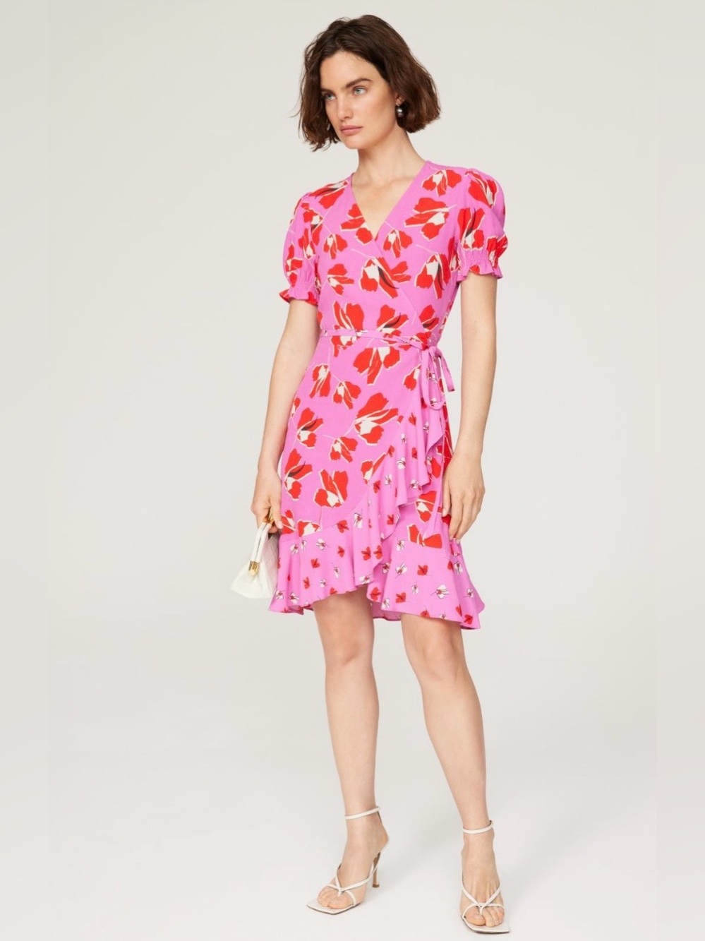 Diane Von Furstenberg~Emilia Pink and Red Tie-Waist Wrap Mini Dress~Size S~$338~
